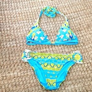 Trina Turk Turquoise Pink Buckle Top Bikini Swim Suit